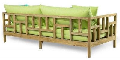 Casa Padrino Luxus Massivholz Gartensofa Naturfarben / Hellgrün 220 x 94 x H. 65 cm - Wetterbeständiges Teakholz Sofa mit Kissen - Garten & Terrassen Möbel - Luxus Qualität