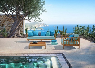 Casa Padrino Luxus Massivholz Gartensofa Braun / Hellblau 220 x 94 x H. 65 cm - Wetterbeständiges Teakholz Sofa mit Kissen - Garten & Terrassen Möbel - Luxus Qualität