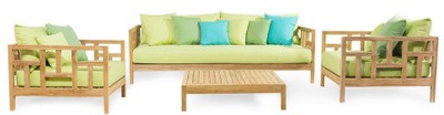Casa Padrino Luxus Massivholz Gartensessel Naturfarben / Hellgrün 94 x 94 x H. 65 cm - Wetterbeständiger Teakholz Sessel mit Kissen - Garten & Terrassen Möbel - Luxus Qualität