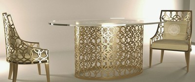 Casa Padrino luxury garden furniture set cream / gold - 1 Oval Dining Table with Glass Top & 6 Chairs with Cushions - Handmade garden terrace hotel furniture - Luxury Quality