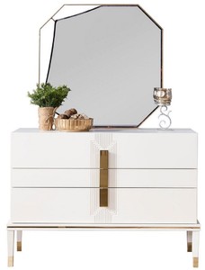 Casa Padrino luxury bedroom chest of drawers with wall mirror white / gold - Modern solid wood cabinet with elegant mirror - Luxury bedroom furniture