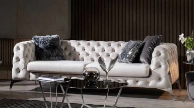 Luxus Chesterfield Wohnzimmer Sofa Weiß Silber Luxury Chesterfield Living Room Sofa White Silver