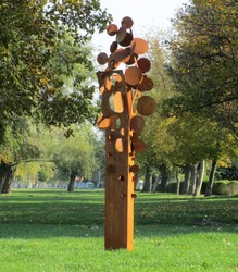 Casa Padrino escultura de jardín de acero de diseño Árbol de monedas óxido 75 x 70 x A. 260 cm - Decoración de jardín hecha a mano resistente a la intemperie