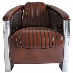 Casa Padrino sillón de cuero auténtico Art Deco de lujo marrón oscuro / plata 90 x 72 x A. 68 cm - Sillón de aluminio con cuero de alta calidad - Muebles sillón de aviador de avión de aluminio 