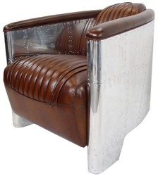 Casa Padrino sillón de cuero auténtico Art Deco de lujo marrón oscuro / plata 90 x 72 x A. 68 cm - Sillón de aluminio con cuero de alta calidad - Muebles sillón de aviador de avión de aluminio 
