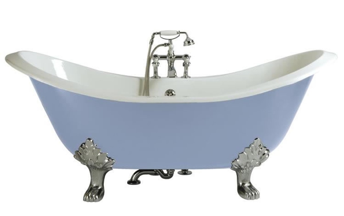 Casa Padrino Vasca da bagno in ghisa Art Nouveau di lusso azzurro / bianco / argento 180 x 77 x H. 79 cm - Vasca da bagno freestanding curva - Mobili da bagno in stile barocco e Art Nouveau Casa Padrino Vasca da bagno in ghisa Art Nouveau di lusso azzurro / bianco / argento 180 x 77 x H. 79 cm - Vasca da bagno freestanding curva - Mobili da bagno in stile barocco e Art Nouveau