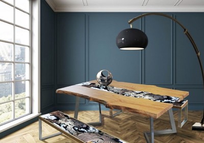 Casa Padrino Luxus Esstisch Naturfarben / Mehrfarbig / Silber 200 x 100 x H. 75 cm - Moderner Massivholz Tisch mit edlem Lavastein und Edelstahl Gestell - Esszimmmer Möbel - Luxus Qualität