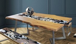 Casa Padrino luxury dining table natural / multicolor / silver 200 x 100 x H. 75 cm - Modern solid wood table with noble lava stone and stainless steel frame - Dining room furniture - Luxury Quality