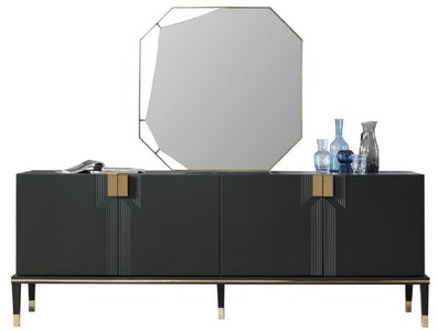 Casa Padrino set di mobili di lusso nero / oro - 1 Credenza con 4 Ante e 1 Specchio - Mobili moderni in legno massello - Collezione di Lusso