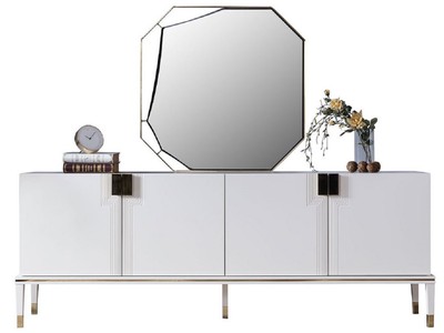 Casa Padrino set di mobili di lusso bianco / oro - 1 Credenza con 4 Ante e 1 Specchio - Mobili moderni in legno massello - Collezione di Lusso