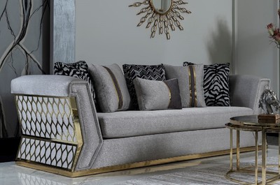 Casa Padrino divano di lusso grigio / oro - Elegante divano da soggiorno con cuscini decorativi - Mobili da soggiorno di lusso