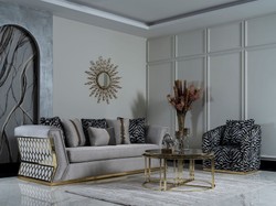 Casa Padrino fauteuil de luxe gris / noir / or - Fauteuil de salon élégant avec motif et coussin décoratif - Mobilier de salon de luxe