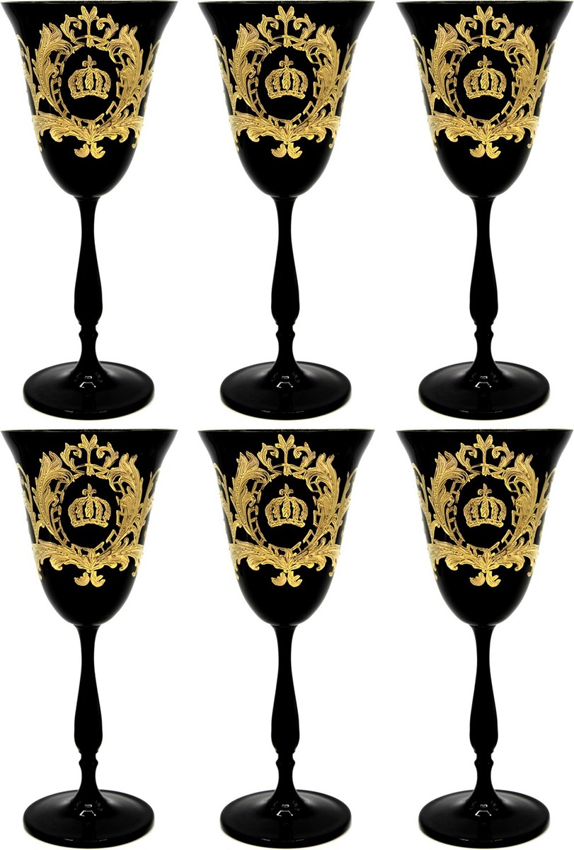 Pompöös by Casa Padrino ensemble de verres à vin blanc de luxe noir / or Ø 8,7 x H. 20,3 cm - Verres à vin blanc plaqué or 24 carats - Verres à vin pompeux dessinés par Harald Glööckler Pompöös by Casa Padrino ensemble de verres à vin blanc de luxe noir / or Ø 8,7 x H. 20,3 cm - Verres à vin blanc plaqué or 24 carats - Verres à vin pompeux dessinés par Harald Glööckler