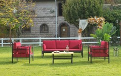 Casa Padrino Art Nouveau Conjunto de Muebles de Jardín Rojo Burdeos / Negro - 1 Sofá y 2 Sillones y 1 Mesa - Muebles de Jardín y Patio en Estilo Art Nouveau