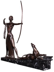 Casa Padrino Luxus Bronze Deko Skulptur Dame mit Bogen und Tiger Bronzefarben / Schwarz 85 x 13 x H. 82 cm - Luxus Deko Accessoires