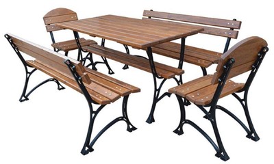 Jugendstil Gartenmöbel Set Tisch Sitzbänke Stühle Braun Schwarz Art Nouveau Garden Furniture Set Table Benches Chairs Brown Black 