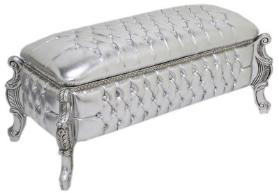 Gepolsterte Barock Massivholz Sitzbank Truhe mit Lederoptik und Glitzersteinen Silber Upholstered Baroque Solid Wood Bench Chest with Leather Look and Rhinestones Silver