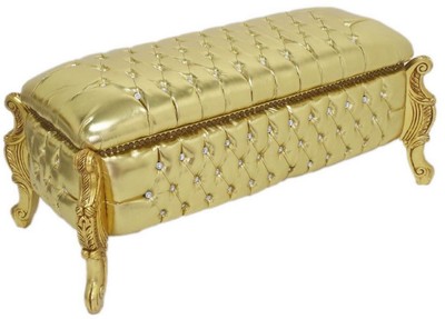 Gepolsterte Barock Massivholz Sitzbank Truhe mit Lederoptik und Glitzersteinen Gold Upholstered Baroque Solid Wood Bench Chest with Leather Look and Rhinestones Gold