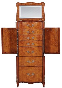 Casa Padrino luxury baroque jewelry chest of drawers light brown / brown / silver 56 x 36 x H. 128 cm - Noble solid wood chest of drawers with mirror - Baroque Furniture