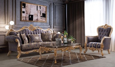 Casa Padrino Luxus Barock Sofa Blau / Silber / Gold 230 x 85 x H. 120 cm - Prunkvolles Wohnzimmer Sofa mit elegantem Muster - Möbel im Barockstil