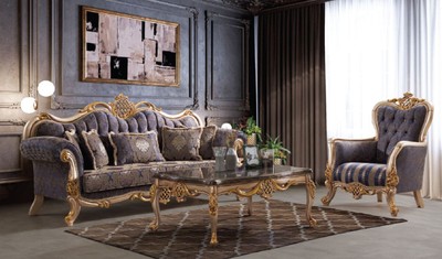 Casa Padrino set da soggiorno barocco di lusso blu / argento / oro - 2 Divani e 2 Poltrone e 1 Tavolo da Salotto - Mobili da soggiorno in stile barocco fatto a mano - Nobile e Magnifico