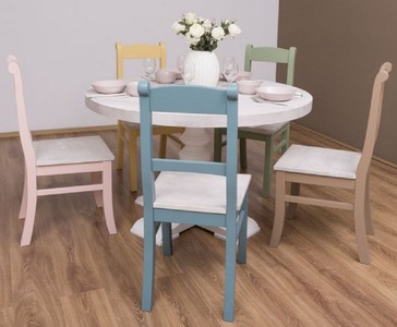 Landhausstil Massivholz Esszimmer Set Esstisch und 5 Stühle Hellgrau Bunt Country Style Solid Wood Dining Room Set Dining Table and 5 Chairs Light Gray Colorful