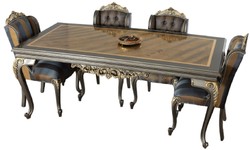 Casa Padrino luxury baroque dining room set blue / gray / gold - 1 Dining Table & 6 Dining Chairs - Noble Baroque Dining Furniture - Noble & Magnificent