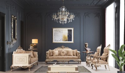 Casa Padrino conjunto de sala de estar barroco de lujo marrón / blanco / oro - 2 Sofás y 2 Sillones y 1 Mesa de Centro - Muebles de Salón Barrocos Adornados