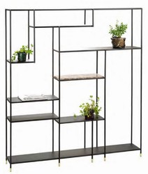 Casa Padrino armoire étagère de luxe en métal avec plateau en marbre Emperador noir / gris / laiton 180 x 30 x H. 200 cm - Armoire de Salon - Armoire de Bureau - Meubles de Métal