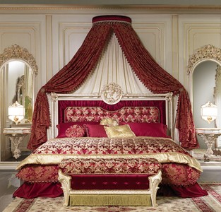Casa Padrino luxury baroque bedroom set bordeaux red / white / gold - 1 Double Bed with Headboard & 1 Canopy & 1 Bench - Baroque bedroom furniture - Noble & Magnificent