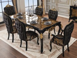 Casa Padrino table de salle à manger baroque de luxe marron / noir / or 210 x 100 x H. 82 cm - Magnifique table de salle à manger en bois massif avec plateau aspect marbre - Mobilier Baroque