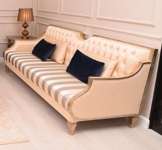 Casa Padrino canapé baroque de luxe beige / argent / or - Canapé de salon fait main à rayures - Mobilier de salon baroque - Noble & Magnifique
