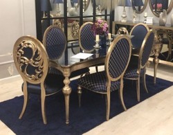Casa Padrino ensemble de salle à manger baroque de luxe bleu / or antique - 1 Table de Salle à Manger et 6 Chaises de Salle à Manger - Meubles de Salle à Manger Baroque - Noble et Magnifique