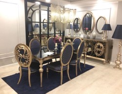 Casa Padrino ensemble de salle à manger baroque de luxe bleu / or antique - 1 Table de Salle à Manger et 6 Chaises de Salle à Manger - Meubles de Salle à Manger Baroque - Noble et Magnifique