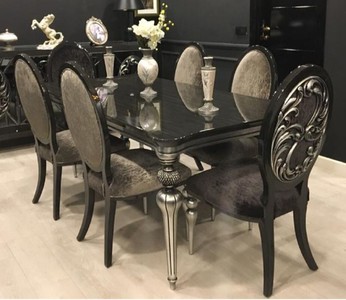 Casa Padrino ensemble de salle à manger baroque de luxe noir / gris / argent - 1 Table de Salle à Manger et 6 Chaises de Salle à Manger - Meubles de Salle à Manger Baroque - Noble et Magnifique