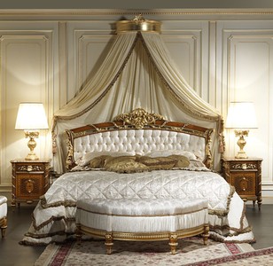Casa Padrino Ensemble de Chambre Baroque de Luxe Blanc / Marron / Or - Lit Double avec Baldaquin, 2 Chevets & Banquette - Made in Italy