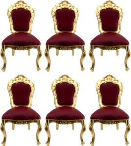 Luxus Barock Esszimmer Set 6 Esszimmerstühle mit Lederoptik Bordeauxrot Gold Luxury Baroque Dining Room Set of 6 Dining Chairs with Leather Look Bordeaux Red Gold 