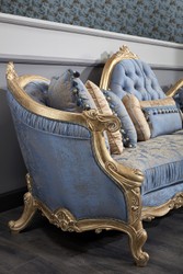 Casa Padrino set da salotto barocco di lusso azzurro / bianco / oro antico - 2 Divani e 2 Poltrone e 1 Tavolo da Salotto e 2 Tavolini - Mobili soggiorno barocco - Nobile e Magnifico