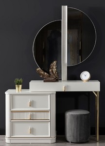 Casa Padrino set di camera da letto di lusso bianco / oro / grigio - 1 Tavola da Trucco con Specchio e 1 Sgabello - Mobili da camera di lusso