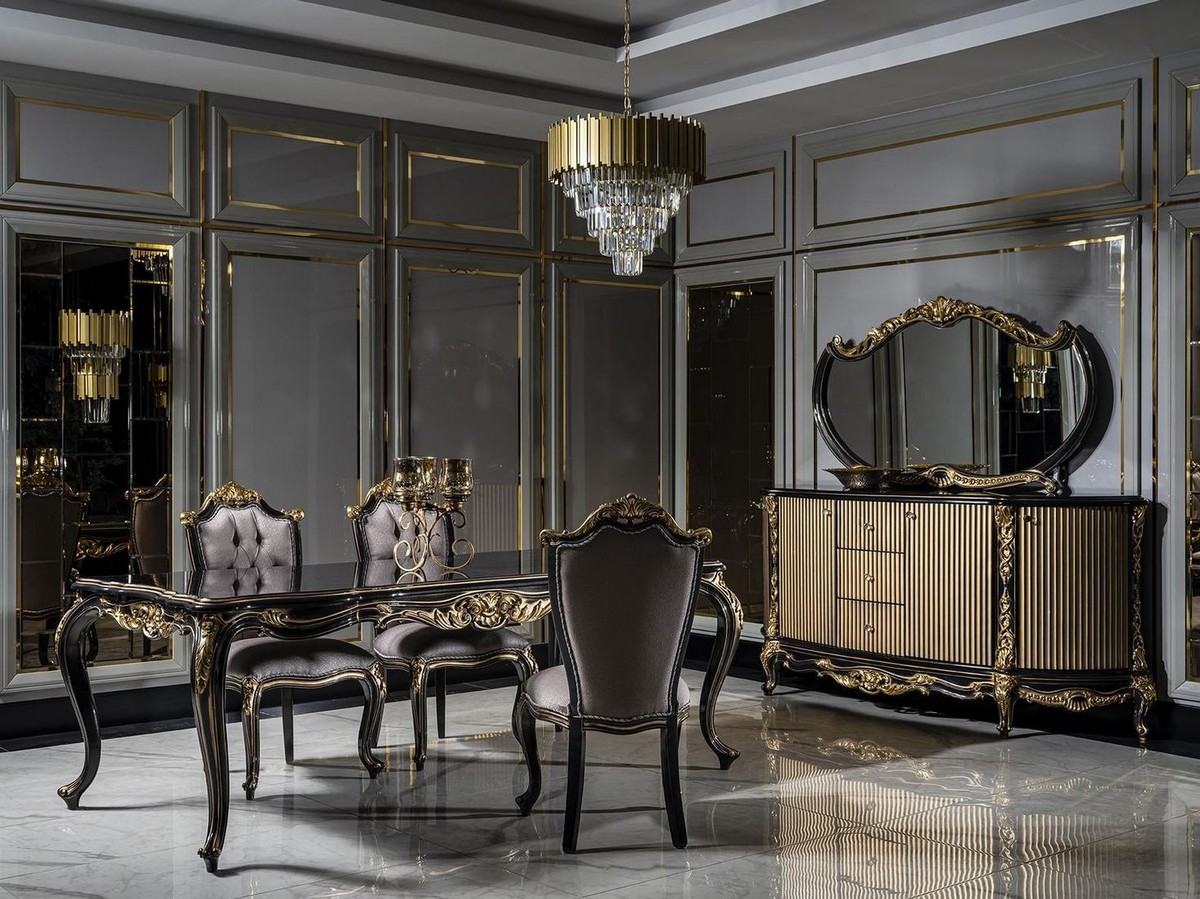 Casa Padrino Luxury Baroque Dining Table Black / Gold - Noble Solid Wood Dining Room Table - Baroque Dining Room Furniture - Noble & Magnificent Casa Padrino Luxury Baroque Dining Table Black / Gold - Noble Solid Wood Dining Room Table - Baroque Dining Room Furniture - Noble & Magnificent