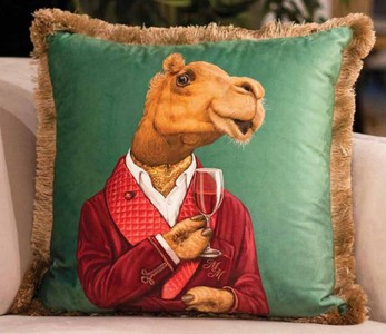 Casa Padrino coussin décoratif de luxe gentilhomme chameau vert / multicolore / marron 45 x 45 cm - Coussin en velours imprimé avec franges - Qualité de Luxe