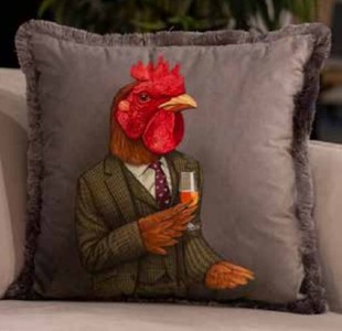 Casa Padrino luxury decorative pillow gentleman rooster cock gray / multicolored 45 x 45 cm - Printed velvet pillow with fringes - Luxury Quality