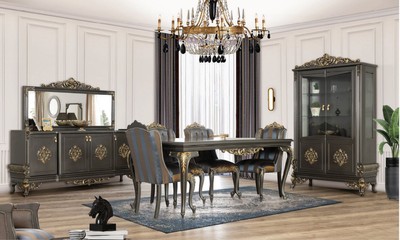 Casa Padrino Luxus Barock Esstisch Grau / Gold - Edler Massivholz Esszimmertisch - Barock Esszimmer Möbel - Edel & Prunkvoll