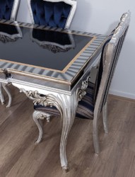 Casa Padrino tavolo da pranzo barocco di lusso nero / oro / argento - Tavolo da pranzo in legno massello nobile con vetro a specchio - Mobili da pranzo in stile barocco - Nobile e Magnifico