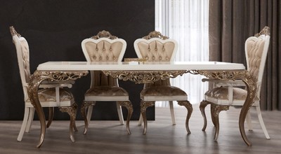 Casa Padrino tavolo da pranzo barocco di lusso bianco / marrone / oro - Tavolo da pranzo in legno massello nobile - Mobili da pranzo in stile barocco - Nobile e Magnifico
