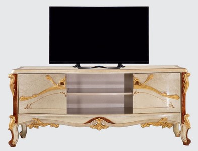 Casa Padrino armadio TV barocco di lusso argento / marrone / oro - Magnifico credenza da soggiorno con 2 ante - Mobili da soggiorno in stile barocco