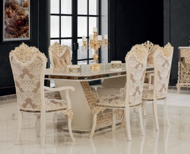 Casa Padrino conjunto de comedor barroco de lujo blanco / oro - 1 Mesa de Comedor y 8 Sillas de Comedor - Muebles de comedor en estilo barroco - Noble y Magnífico