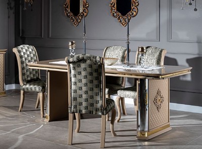 Casa Padrino Conjunto de Comedor Art Déco de Lujo Beige / Oro - 1 Mesa de Comedor y 6 Sillas de Comedor - Muebles de Comedor Art Déco Hechos a Mano