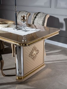 Casa Padrino Luxus Art Deco Esszimmer Set Beige / Gold - 1 Esstisch & 6 Esszimmerstühle - Handgefertigte Art Deco Esszimmer Möbel