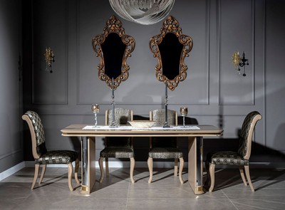 Casa Padrino Luxus Art Deco Esszimmer Set Beige / Gold - 1 Esstisch & 6 Esszimmerstühle - Handgefertigte Art Deco Esszimmer Möbel